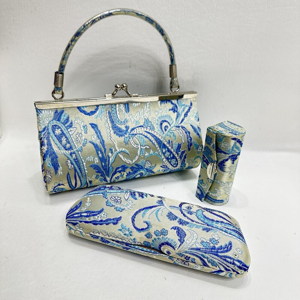 Blue Paisley Handbag Lipstick Glasses Case Set Purse Shoulder Bag 3 Pieces